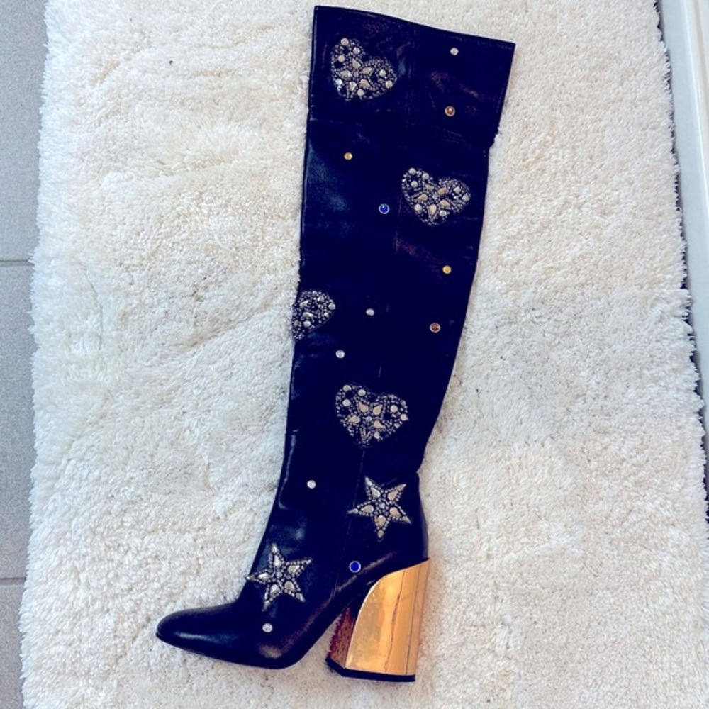 Ivy Kirzhner Embellished OTK Boots | Hearts & Stars Crystals | Leather | US 8
